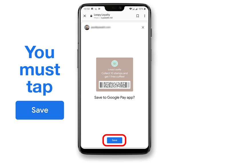 Tap Save your Google Wallet Pass